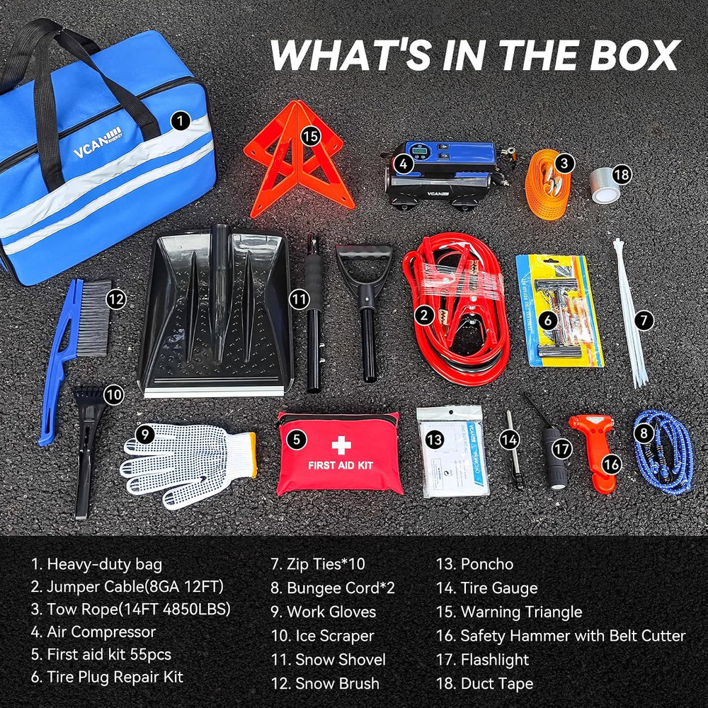 Car Emergency Safety Kit Bag with Digital Air Compressor,Jumper Cables,First ...