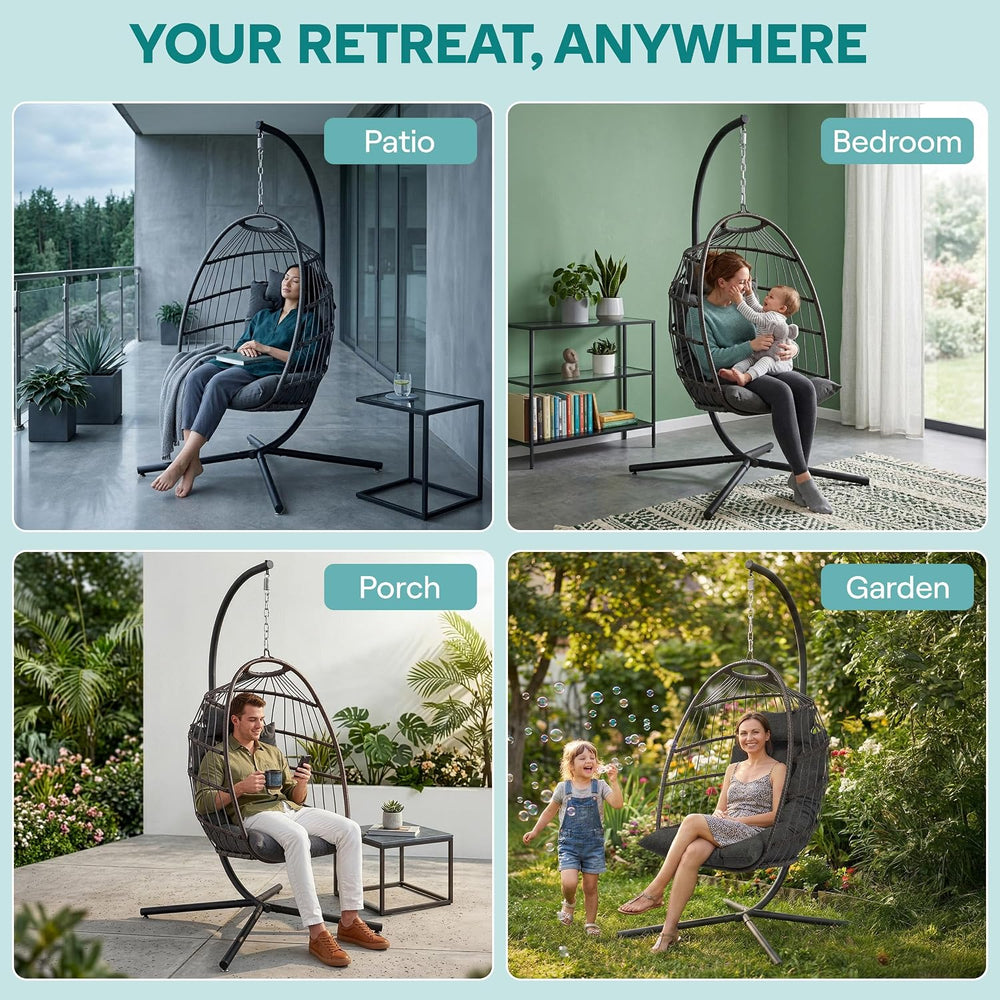SereneLife Hanging Egg Chair with Stand | Foldable Rattan Wicker Hammock Chai...