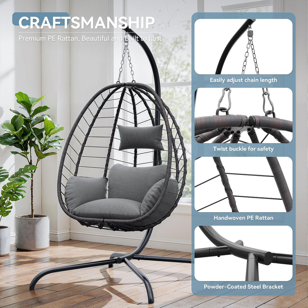 ALAULM Foldable Egg Chair with Stand, 485LBS Capacity Wicker Rattan Hammock S...