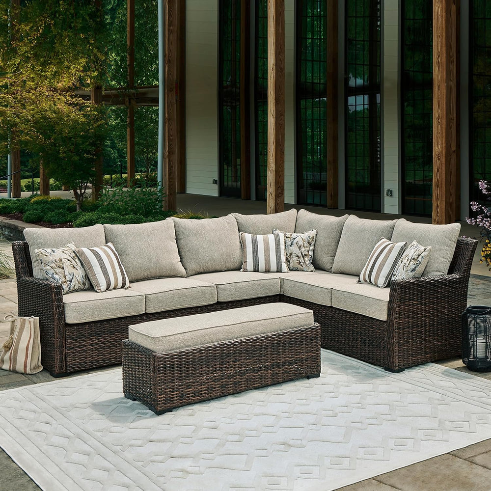 Signature Design by Ashley 3-Piece Patio Sectional with Bench, Brown