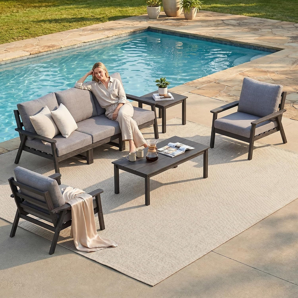LOUNZY 7 Piece Patio Furniture Set,HDPE Outdoor Conversation Sets Black