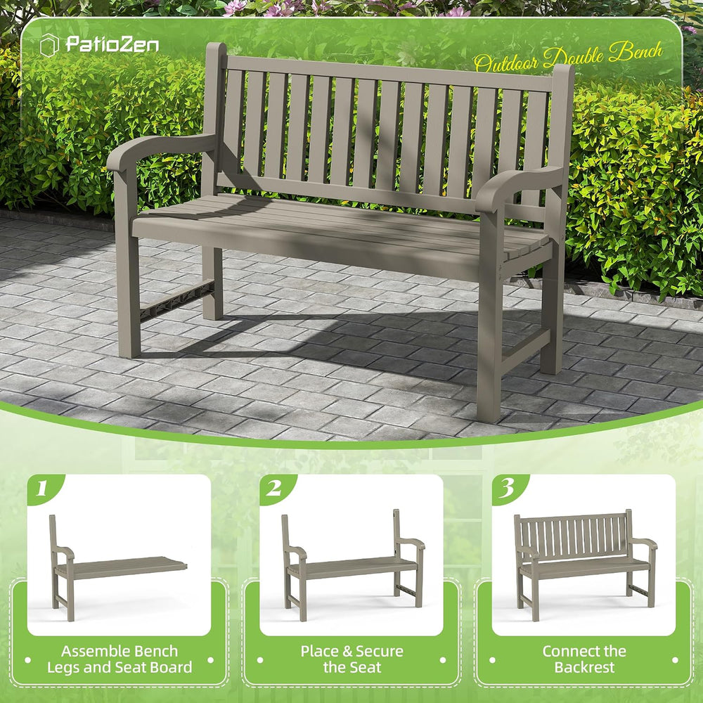 PatioZen Outdoor Bench, 2-Person Resin Bench, Grey