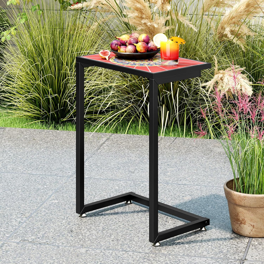 GIANTEX Mosaic C-Shaped Outdoor Side Table with Sturdy Metal Frame and Adjust...