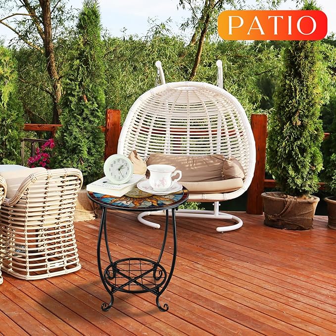 Outdoor Side Table Round Small Mosaic Patio Accent Indoor End Plant Coffee Te...