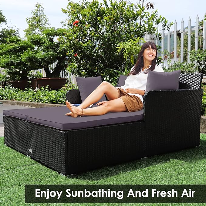 COSTWAY Outdoor Patio Rattan Daybed, Sponge Cushioned Loveseat Sofa with 4 Pi...