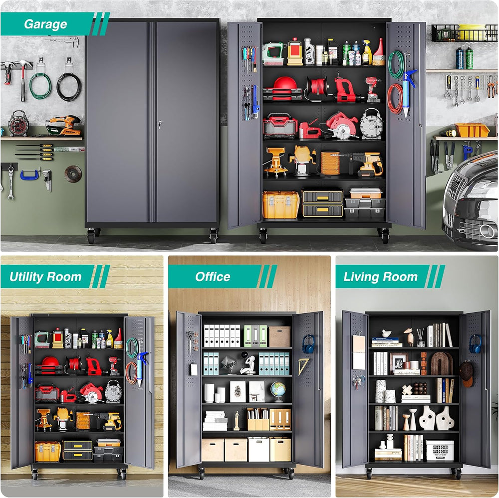 Wide & Deep Metal Storage Cabinet with Wheels,Tall Rolling Garage Storage...