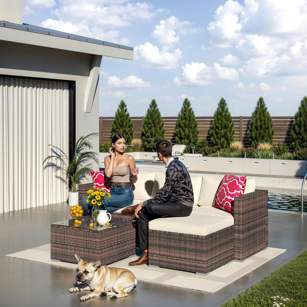 Outdoor Patio Furniture Set, 5 Pieces All-Weather Wicker Sectional Conversati...
