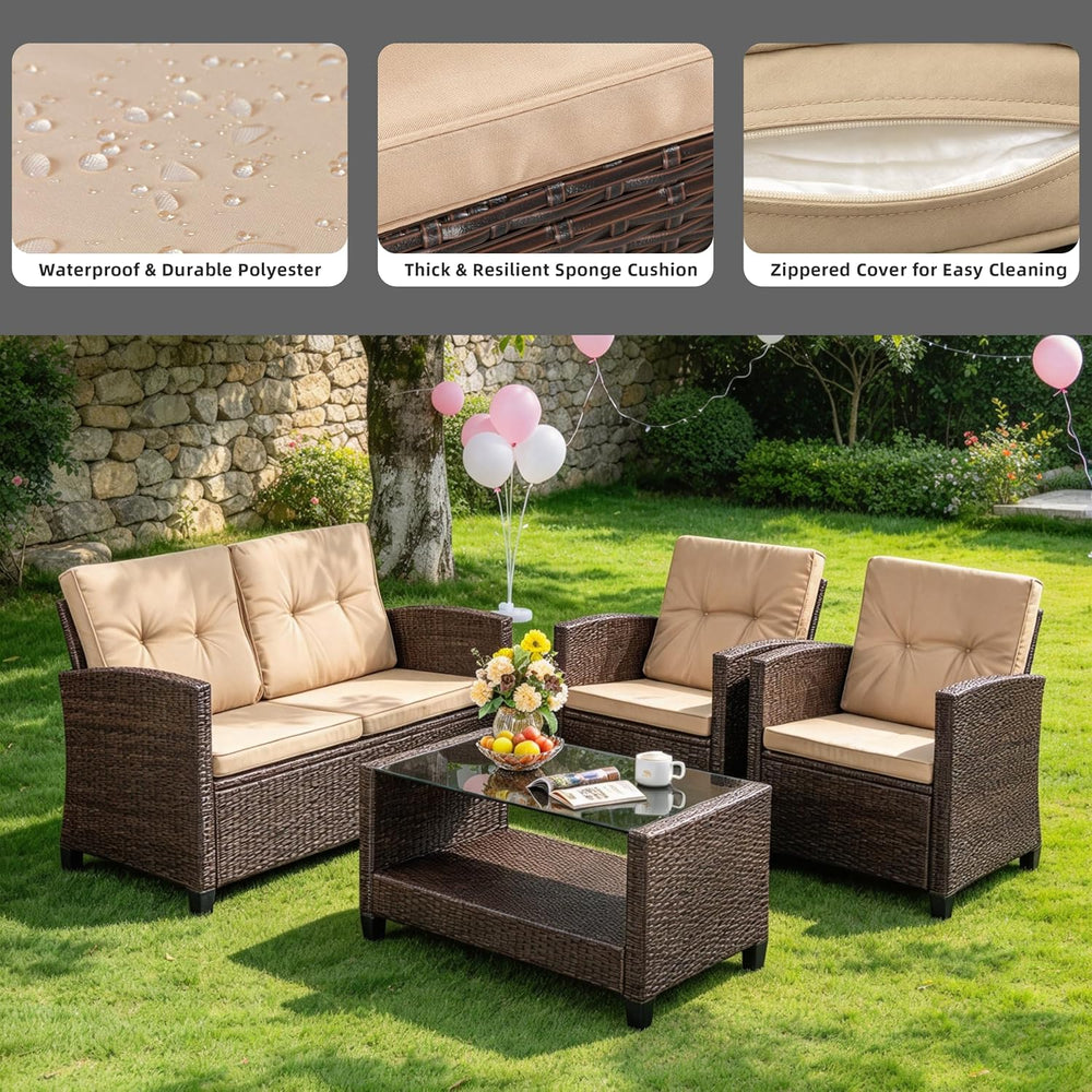 Vongrasig 4 Piece Patio Furniture Set, Wicker Porch Furniture, Beige