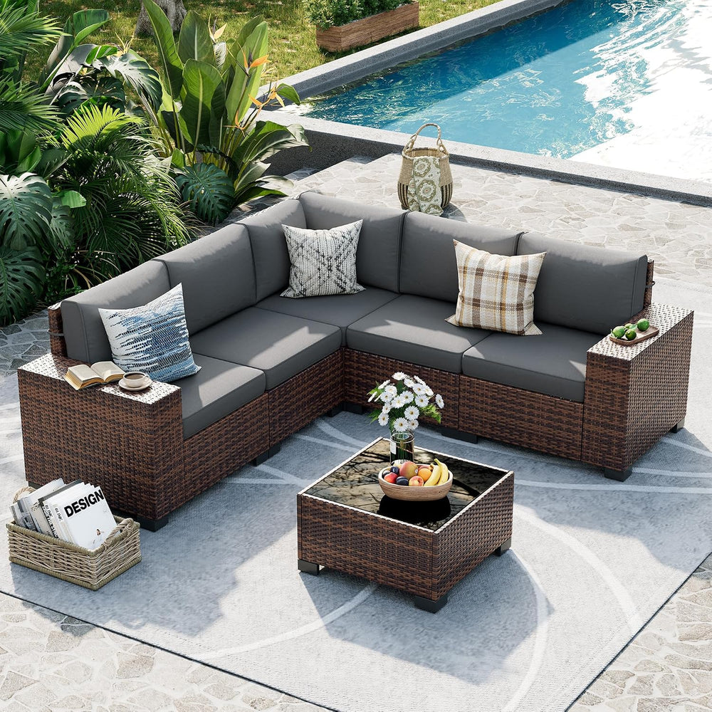 UDPATIO Outdoor Patio Furniture Set, Wicker Sectional Sofa, 8" Wide Armrest