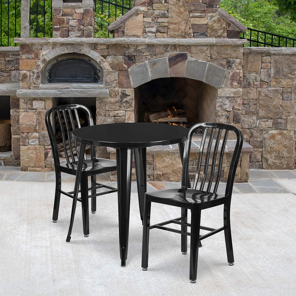 EMMA + OLIVER 30" Round Patio Table Set with 2 Vertical Slat Back Chairs