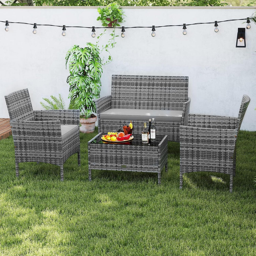 RELAX4LIFE 4-Piece Patio Furniture Set - Rattan Outdoor Conversation Bistro S...