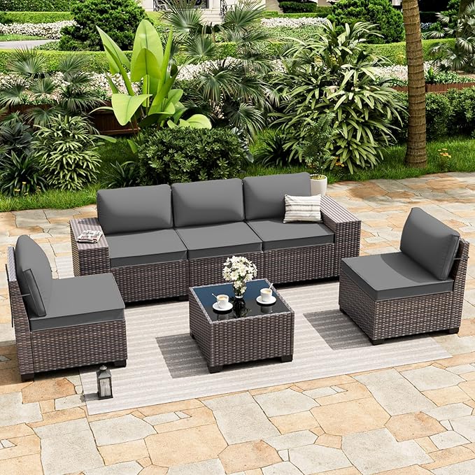 ALAULM 6 Pieces Patio Furniture Set, Oversized Seat/Armrest and High Back Wic...