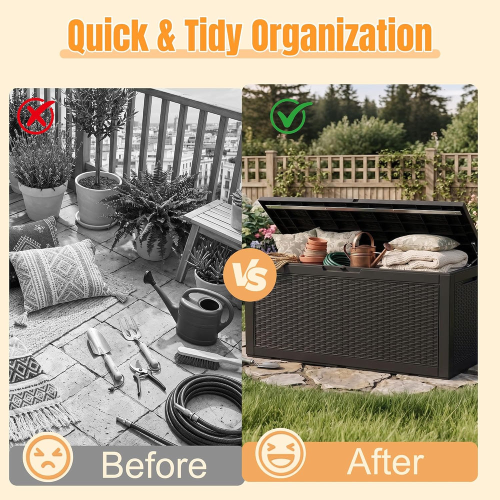 Outdoor Storage Box, 170 Gal Waterproof Resin Deck Box w/Support Rod