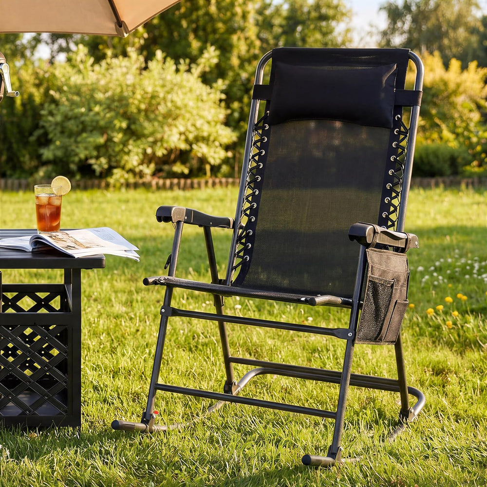 Yaheetech Patio Rocking Chair Folding Camping Chair with Pocket, Black