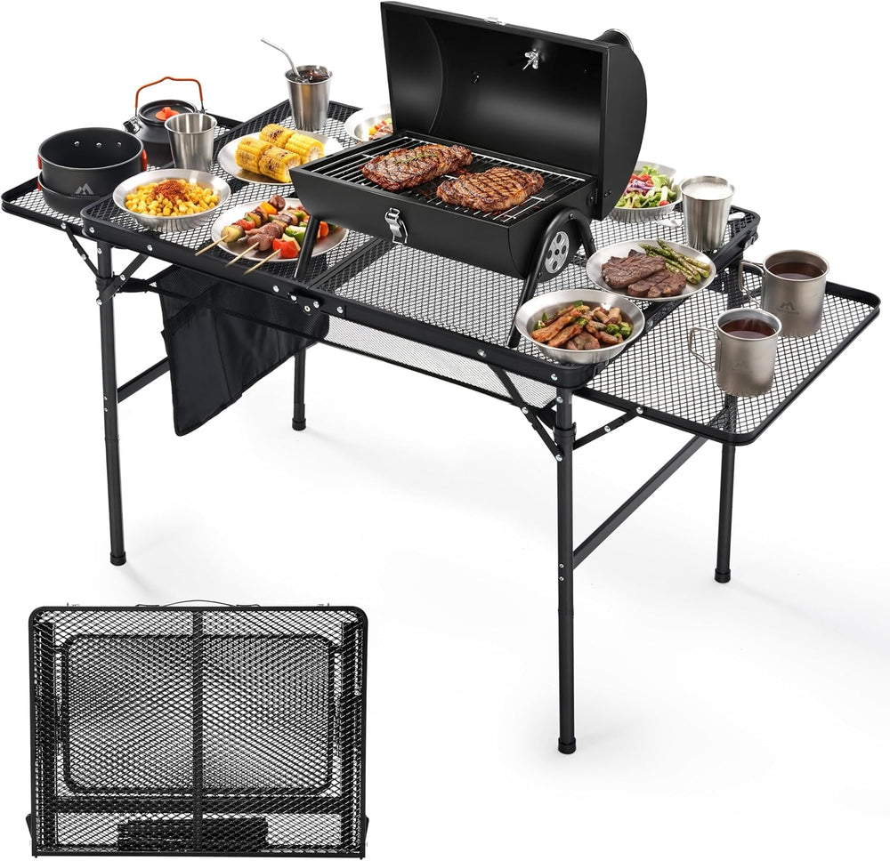 Folding Camping Table with 2 Wing Panels – Adjustable Height & Width Port...