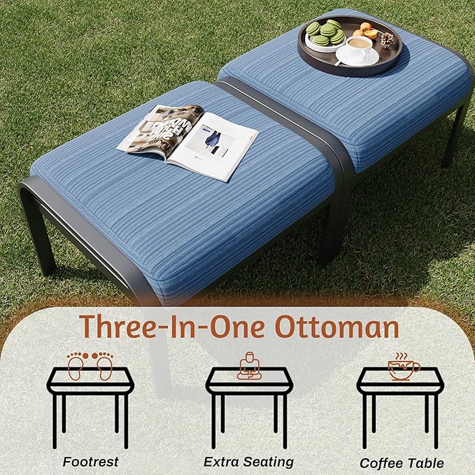 HOMREST Metal Outdoor Ottoman, 3-Piece Aluminum Footstool w/Removable Cushion...