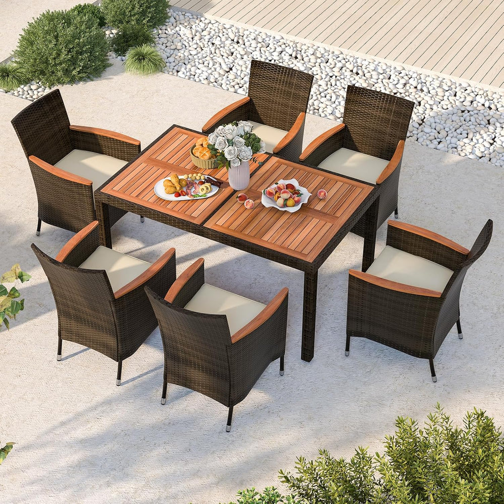 HAPPYGRILL 7 Pieces Rattan Wicker Patio Dining Set, Outdoor Dining Set with C...