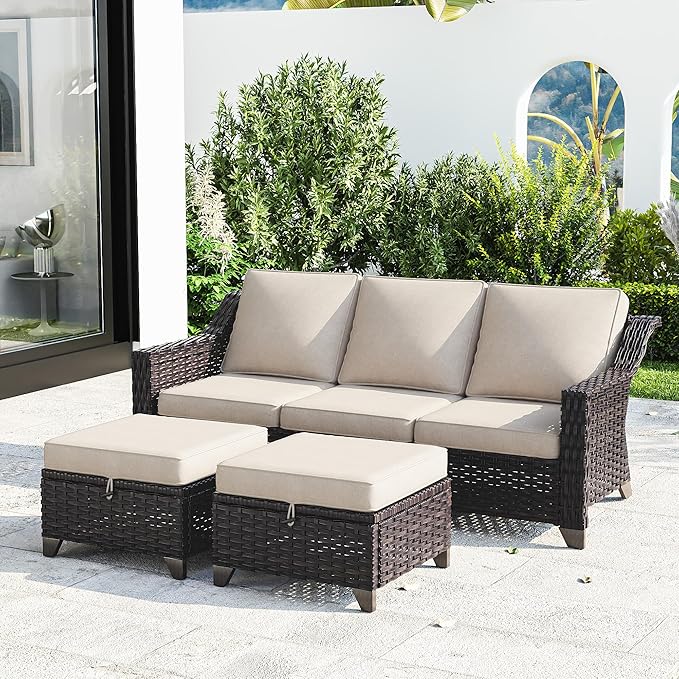 Joyside Patio Furniture Set, 3 Pieces Outdoor Wicker High Back Sofa with Otto...