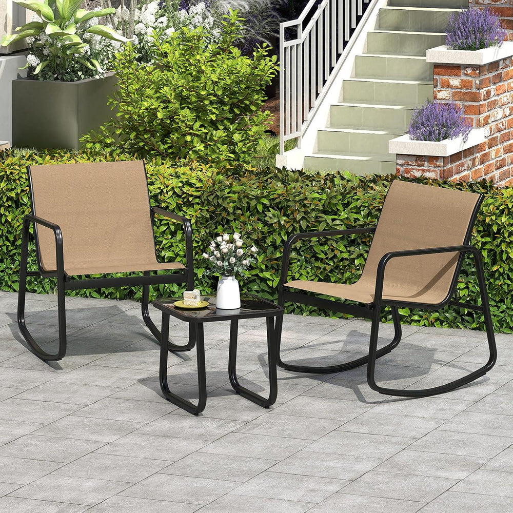 HAPPYGRILL 3 Pieces Patio Rocking Bistro Set with Glass-Top Table, Rocking Bi...