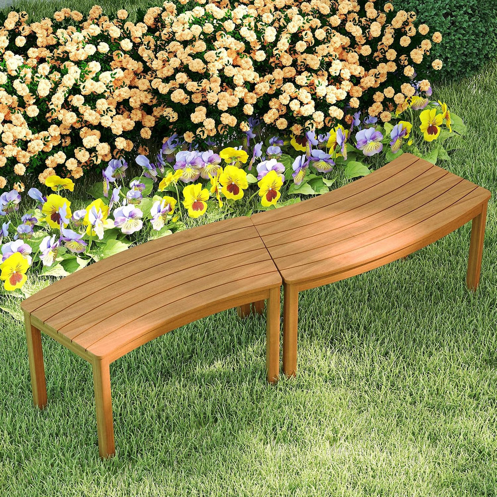 Tangkula Acacia Wood Outdoor Curved Bench Set of 2, Patio Garden Backless Fir...