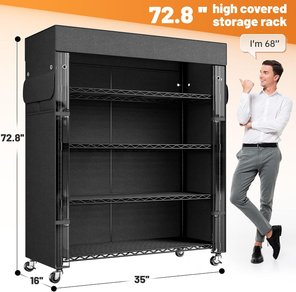 REIBII 72.8"H 5-Tier Heavy Duty Storage Shelving with Cover & Wheels...