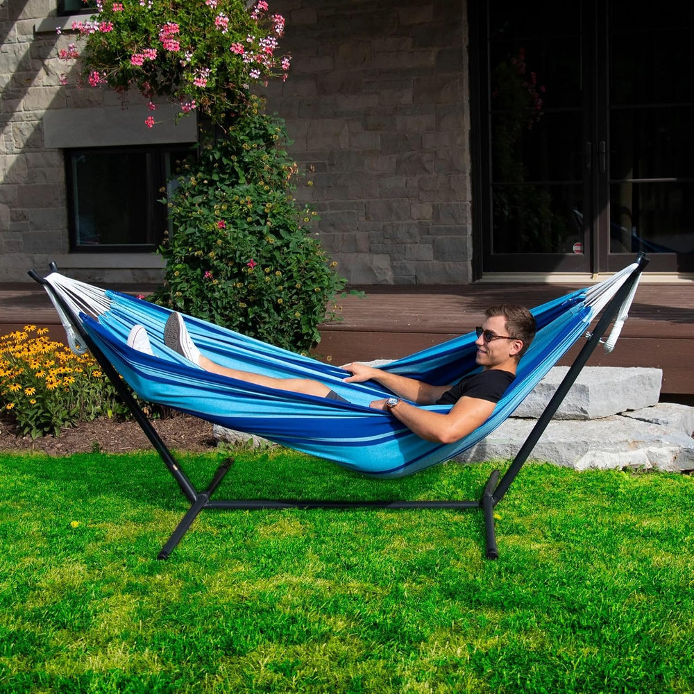 Vivere Double Cotton Hammock with Space Saving Steel Stand, Upgraded Polyeste...