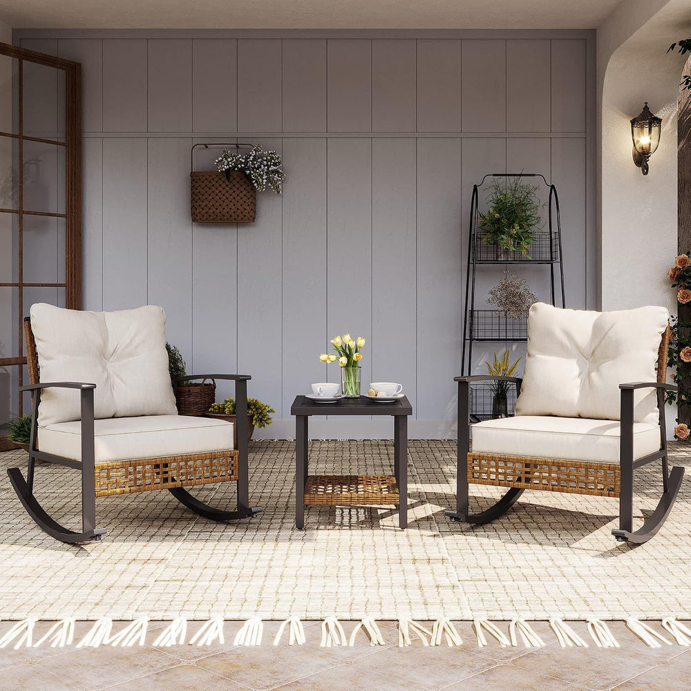 3-Piece Rocking Bistro Set, Outdoor Patio Furniture with Thick Cushions and 2...