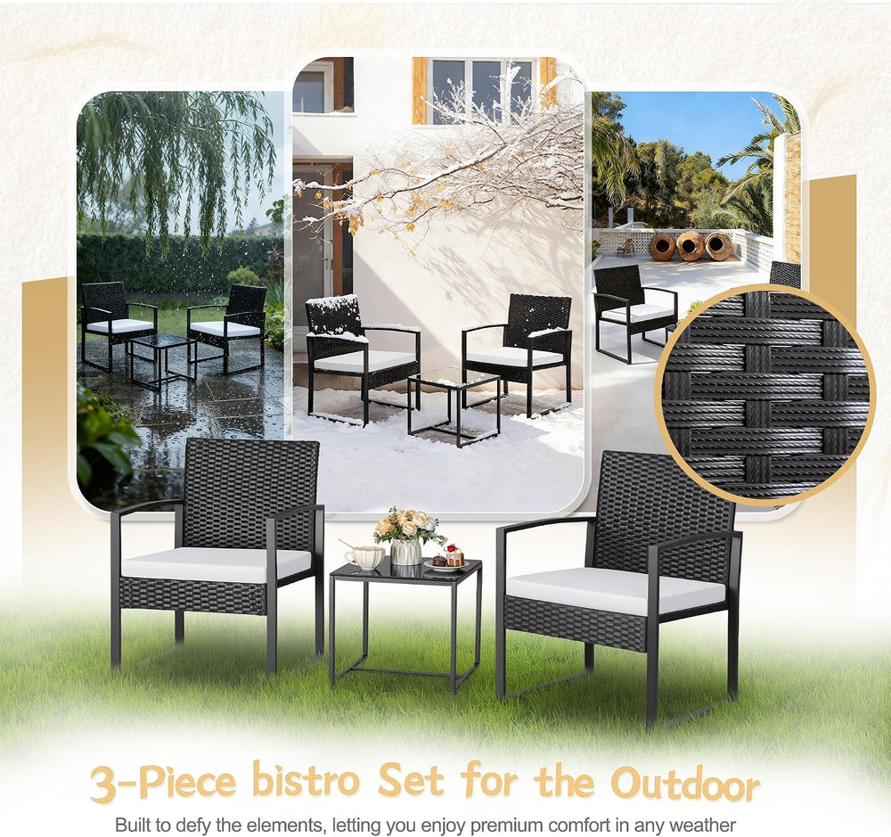 Greesum 3 Piece Wicker Conversation Bistro Sets Outdoor Patio Set(White)