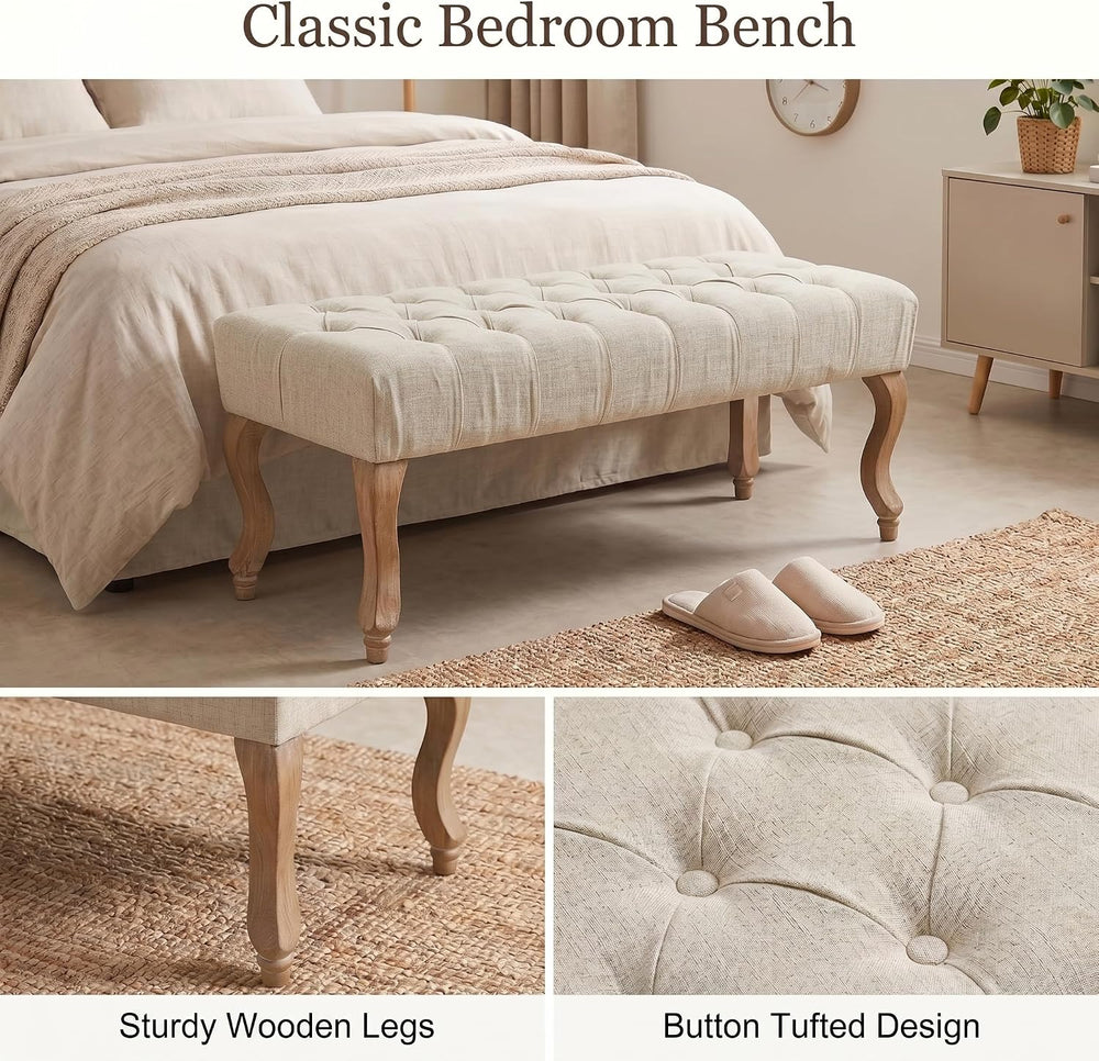 40" Accent Bench, Upholstered Tufted Ottoman Bench French Vintage Entryw...