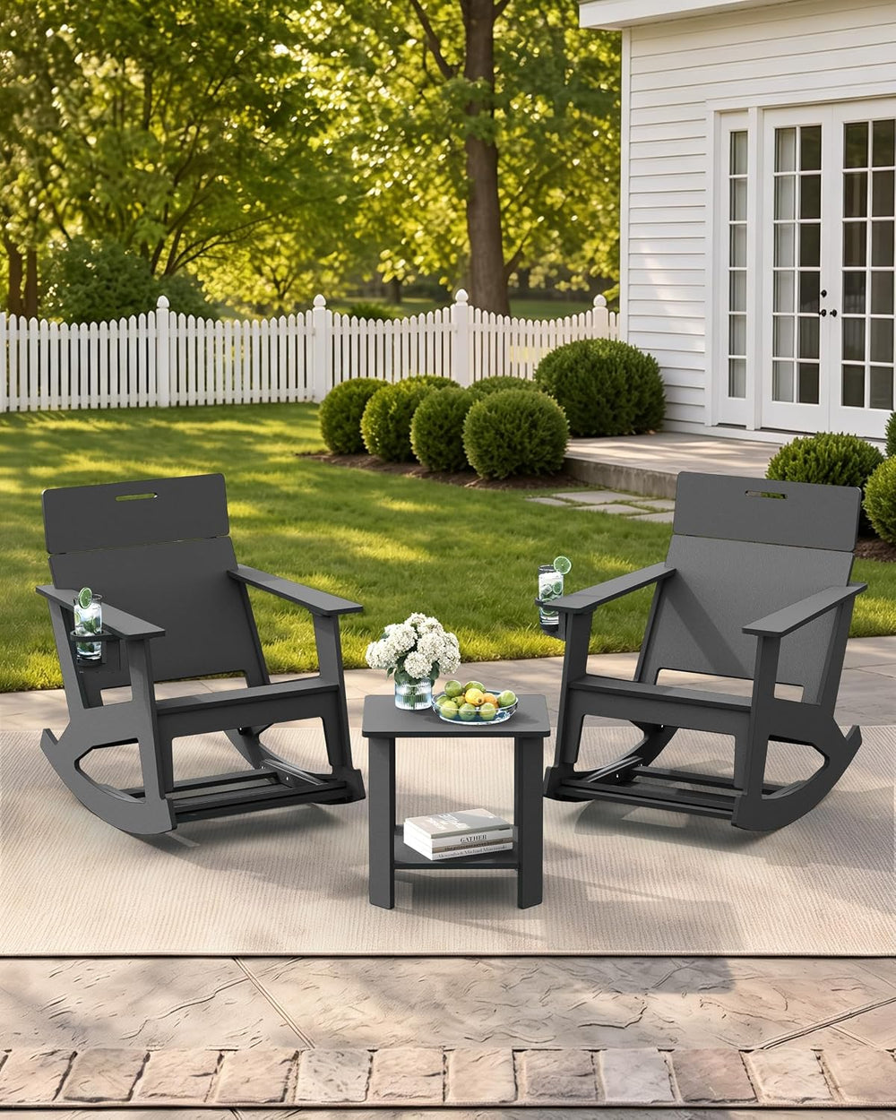 Outdoor Rocking Chair, HDPE Patio Porch Rocker with Ottoman, Grey