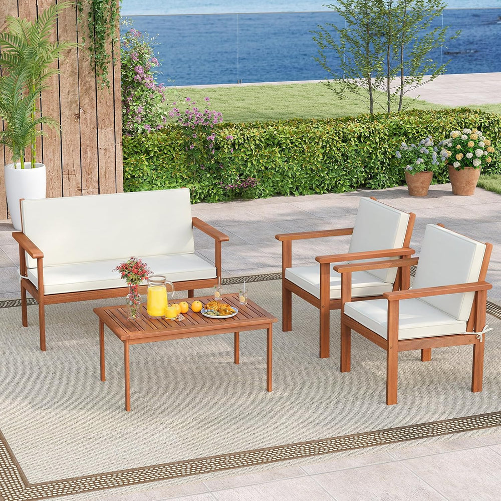 Tangkula 4 Pieces Acacia Wood Patio Conversation Set, Outdoor Wooden Cushione...