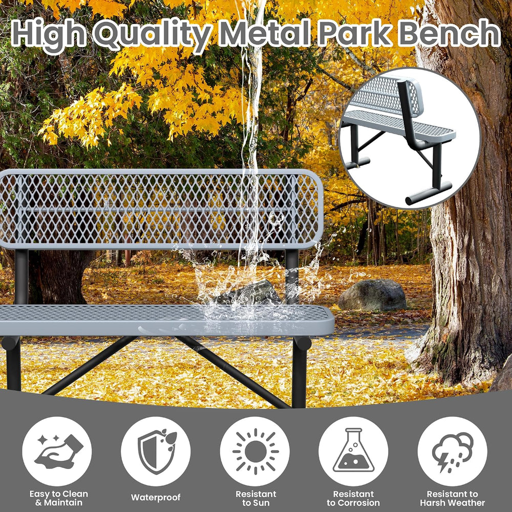 4ft Gray Metal Park Bench with Backrest, Heavy Duty Outdoor Benches Weatherpr...
