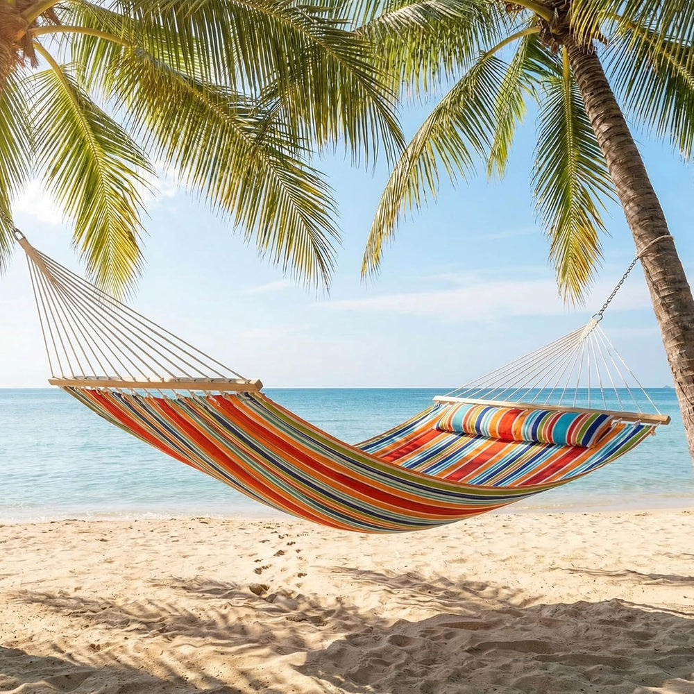 Sunnydaze Quilted Double Hammock for Outside with Pillow, Caribbean Stripe