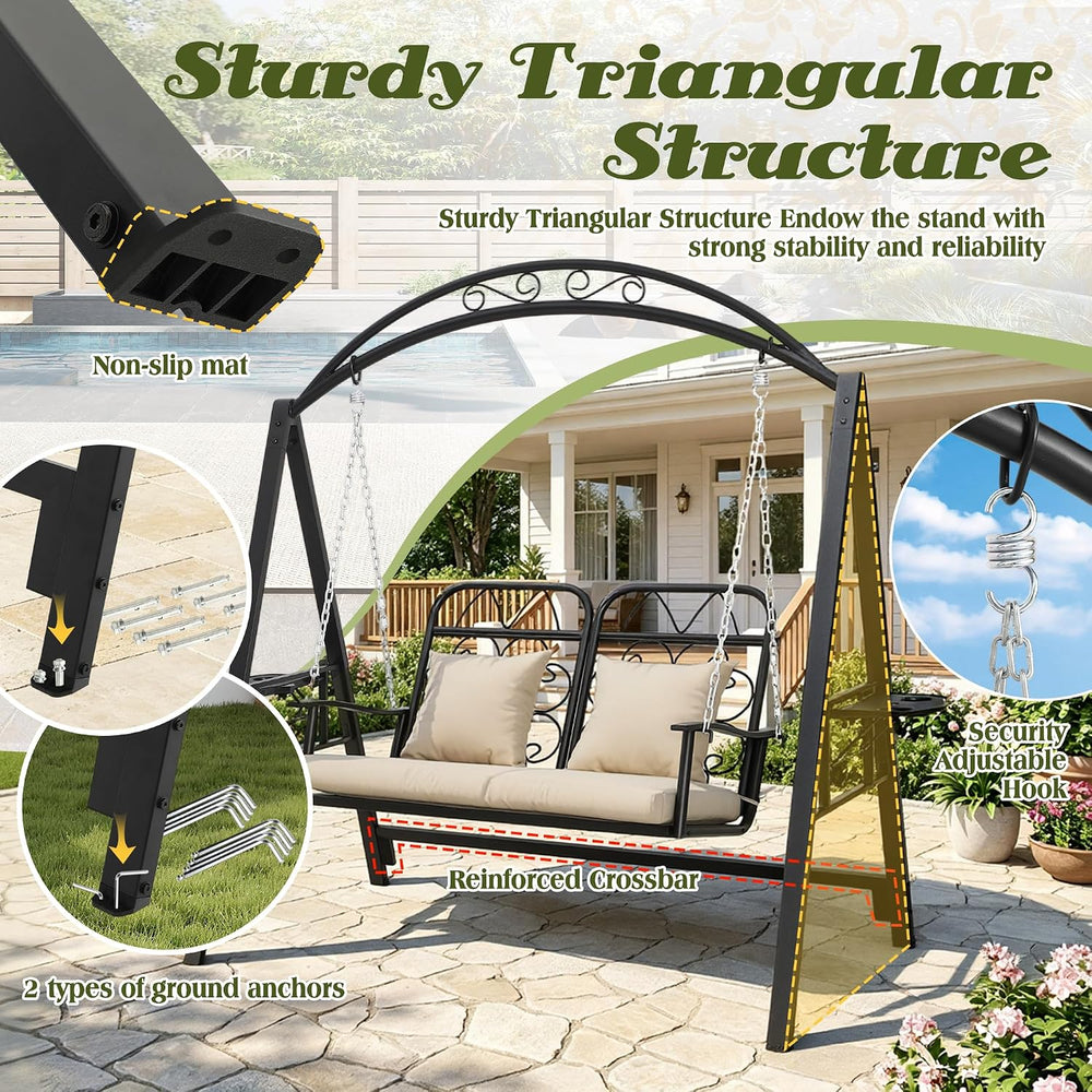 Porch Swing with Stand, 2-Person Metal Patio Swing with Cup Holder