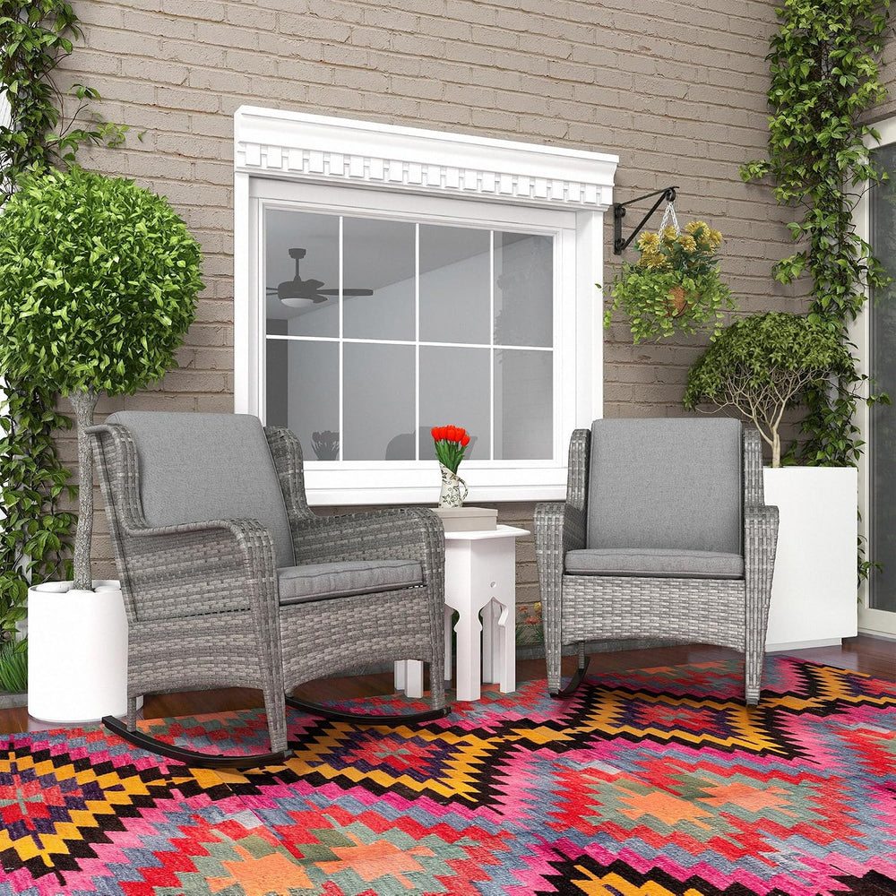 Outsunny Outdoor Wicker Rocking Chair Set of 2 with Wide Seat, Thick Cushions...