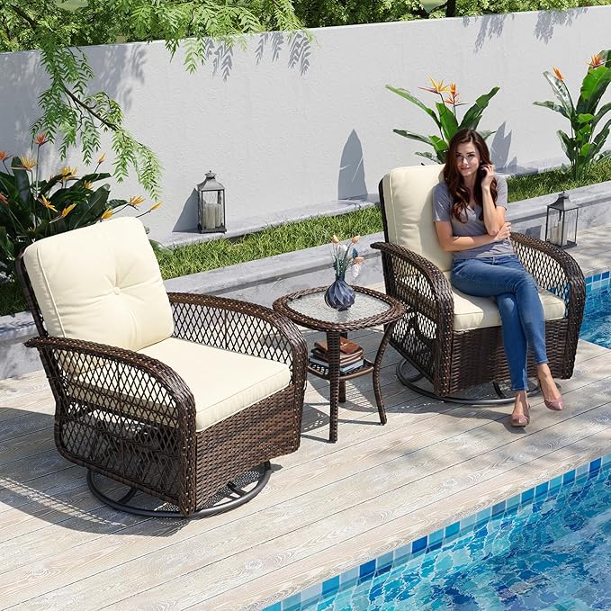 Aoxun 3 Pieces Patio Furniture Set, Patio Swivel Rocker Chairs Set of 2, Wick...