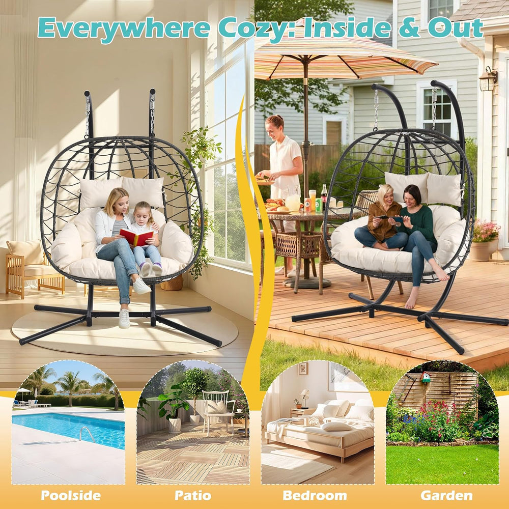 Double Egg Chair with Stand, Outdoor Hanging Swing Hammock Chair