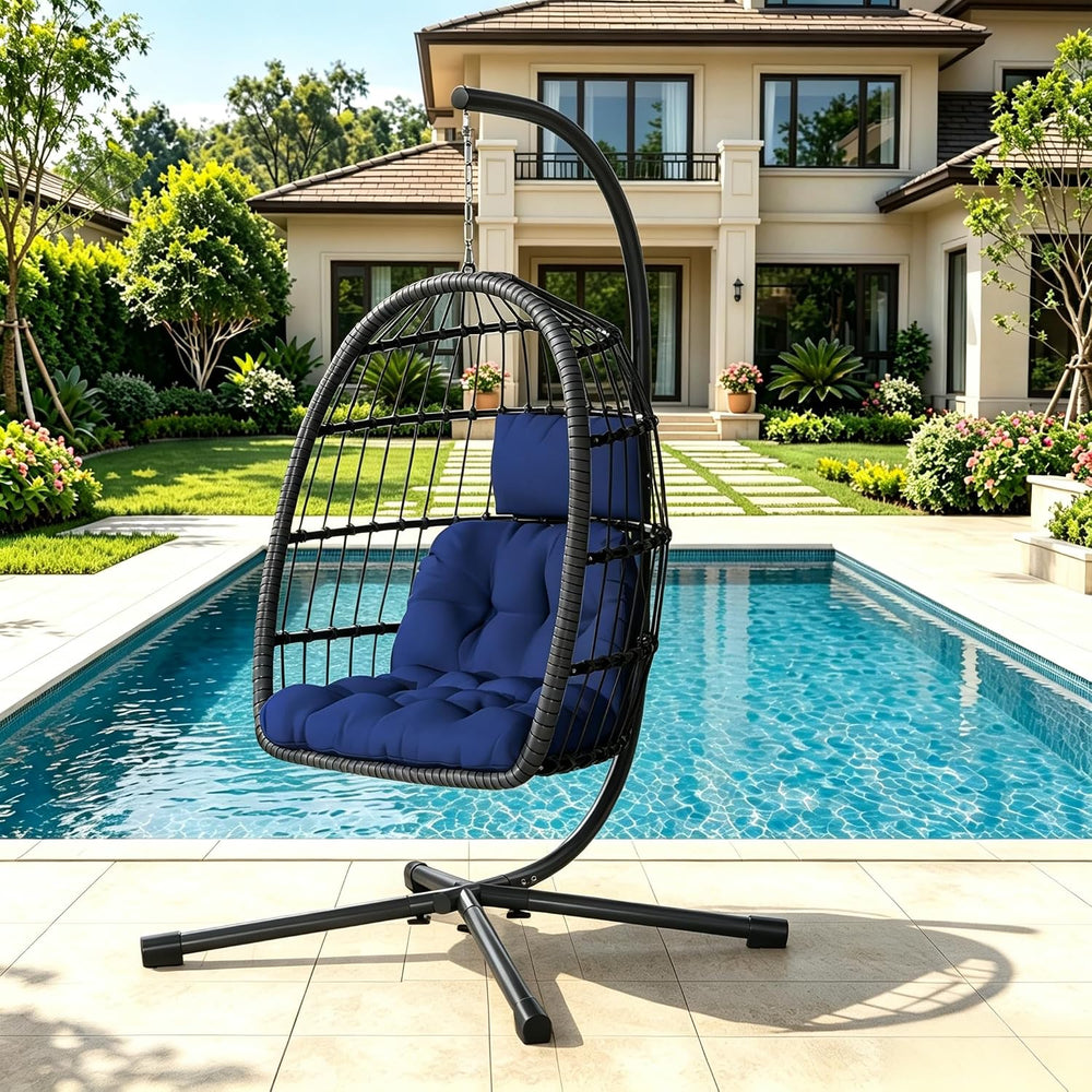 Hanging Egg Chair with Stand, Patio Rattan Wicker Swing Chair, Oversized Hamm...