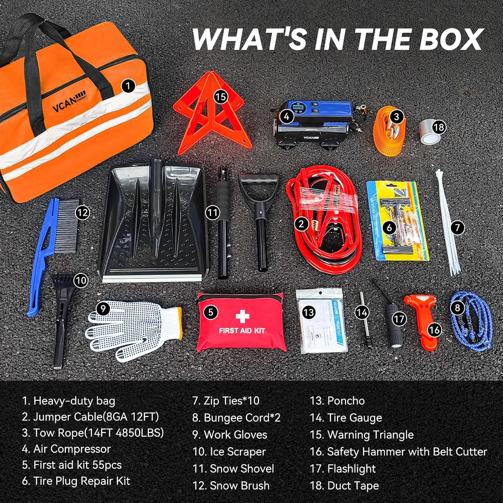Car Emergency Kit with Portable Air Compressor, Winter Car Safety Roadside As...