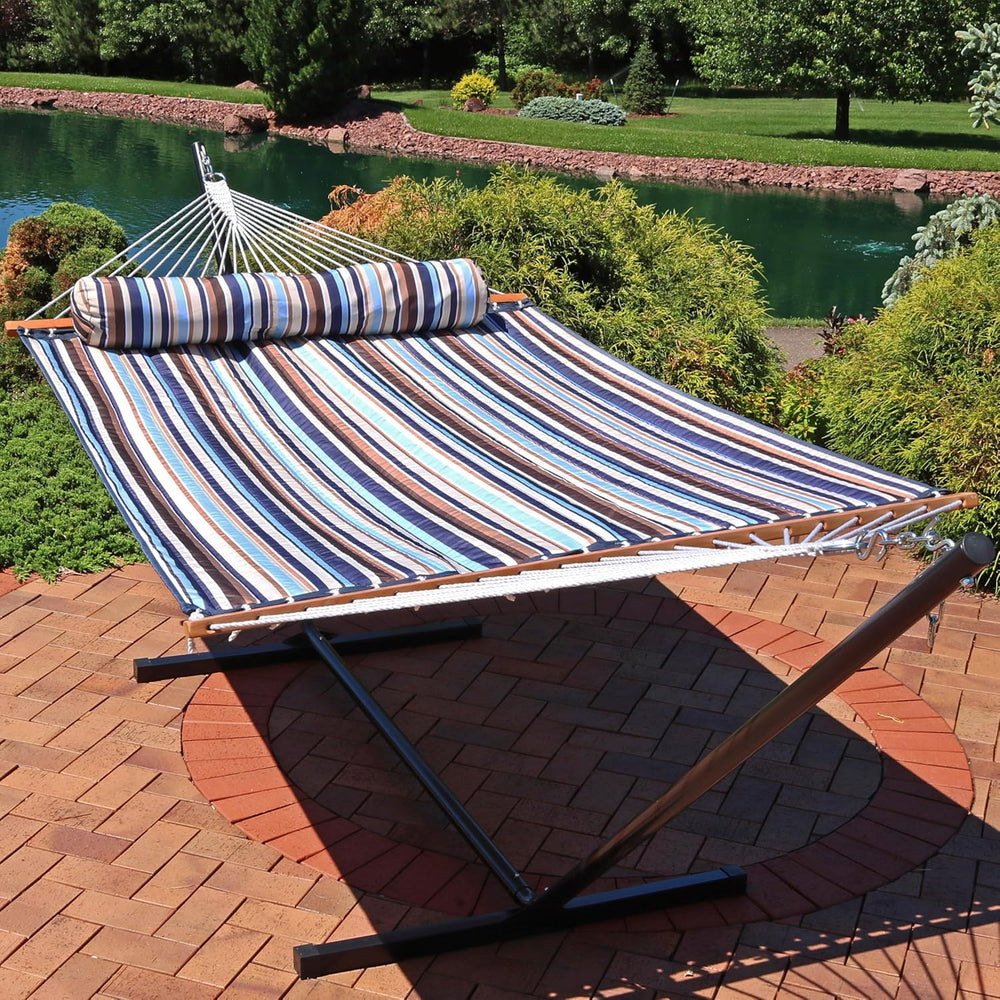 Sunnydaze Quilted Double Hammock for Outside with Pillow, Ocean Isle