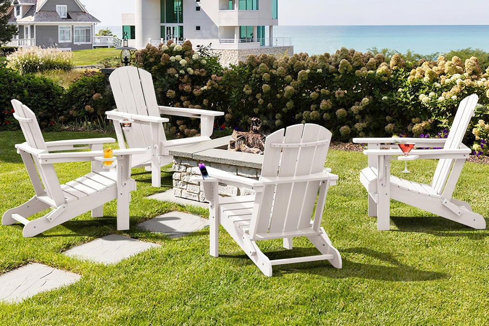 SERWALL Outdoor Adirondack Chair Set of 2 with Cup Holders,Foldable,White