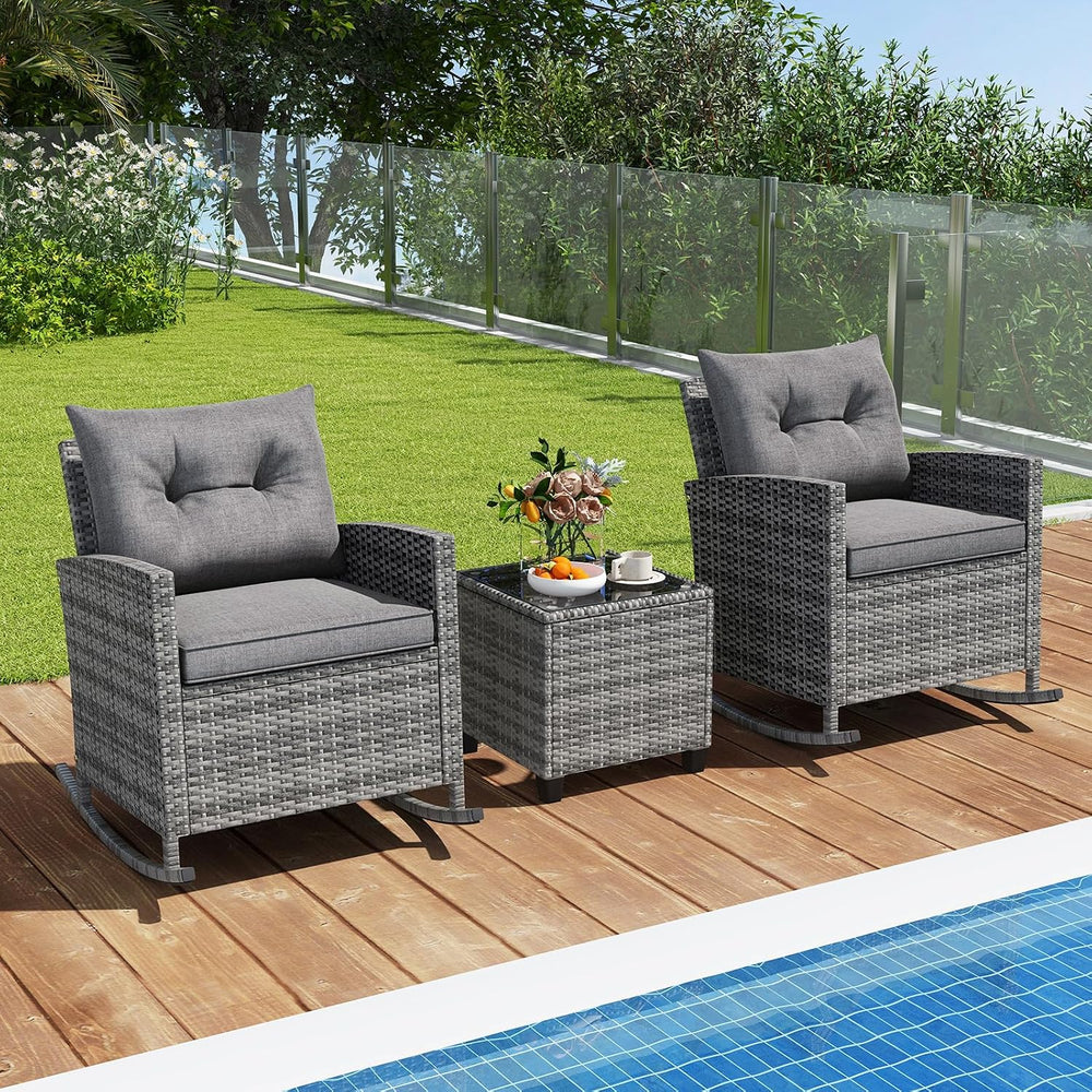Tangkula 3 Piece Wicker Outdoor Rocking Chairs Set (Grey)