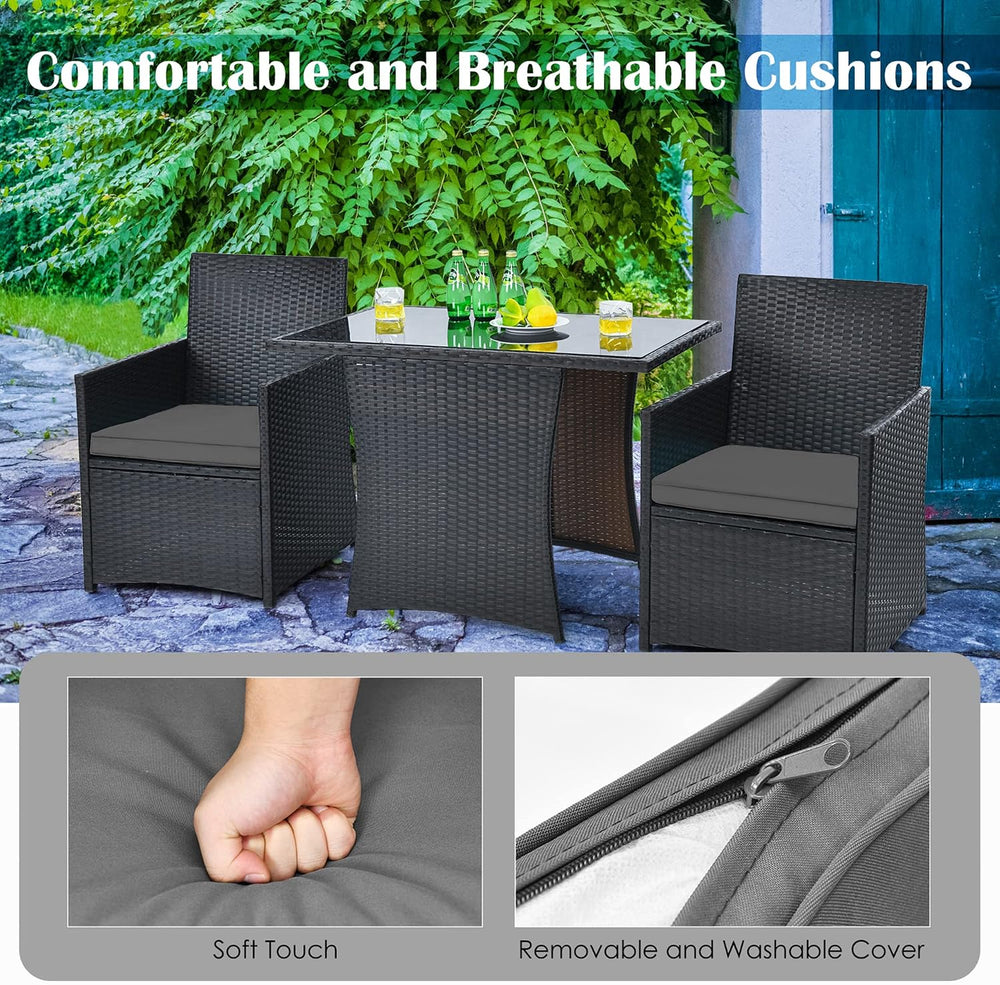 DORTALA Wicker Patio Bistro Set 3 Piece, Outdoor Table and Chairs with Temper...