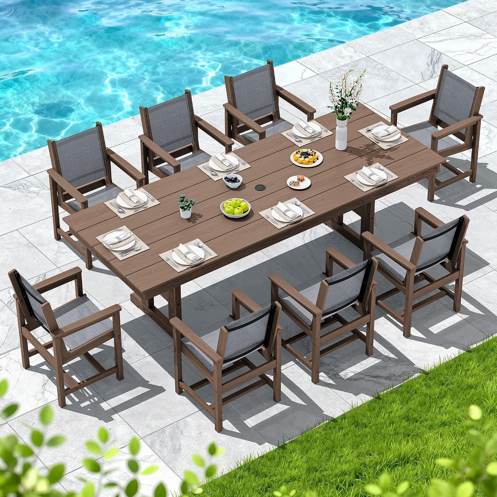 SERWALL 9Pcs HDPE Outdoor Dining Set for 8 with Sling Chairs, Brown