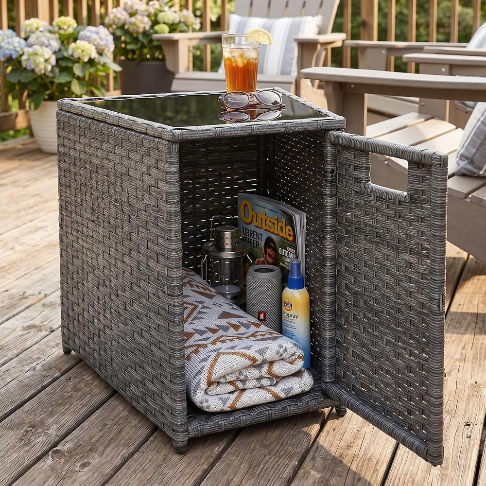 Restland Outdoor Wicker Table - Grey Rattan Coffee Table with Tempered Glass ...