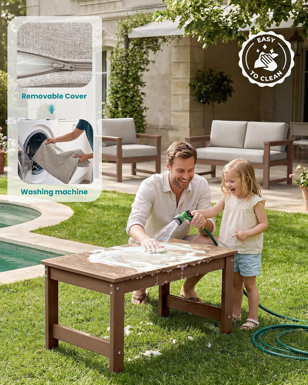 SERWALL 3 Pieces HDPE Outdoor Sofa Bistro Set with Cushions & Coffee Table