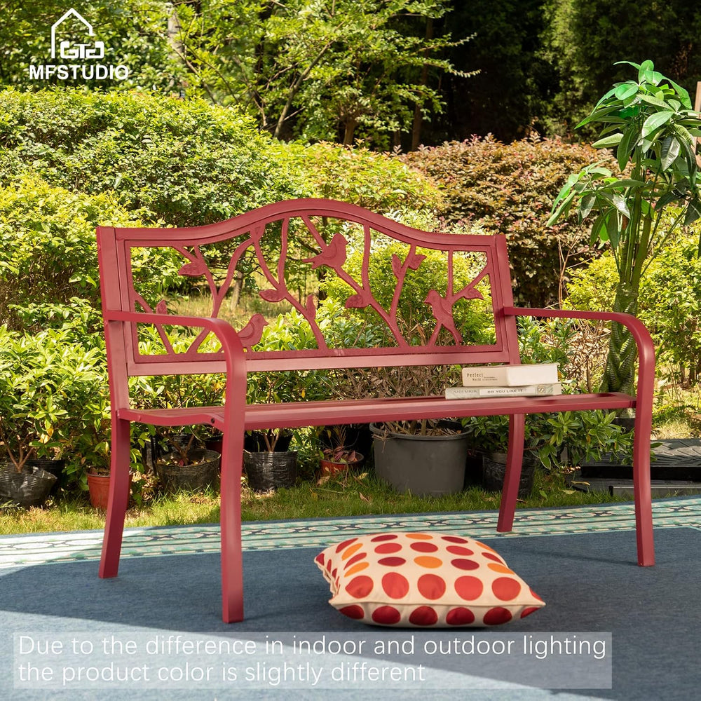 MFSTUDIO 50” Outdoor Garden Bench Cast Iron Metal Bird Pattern Backrest Red