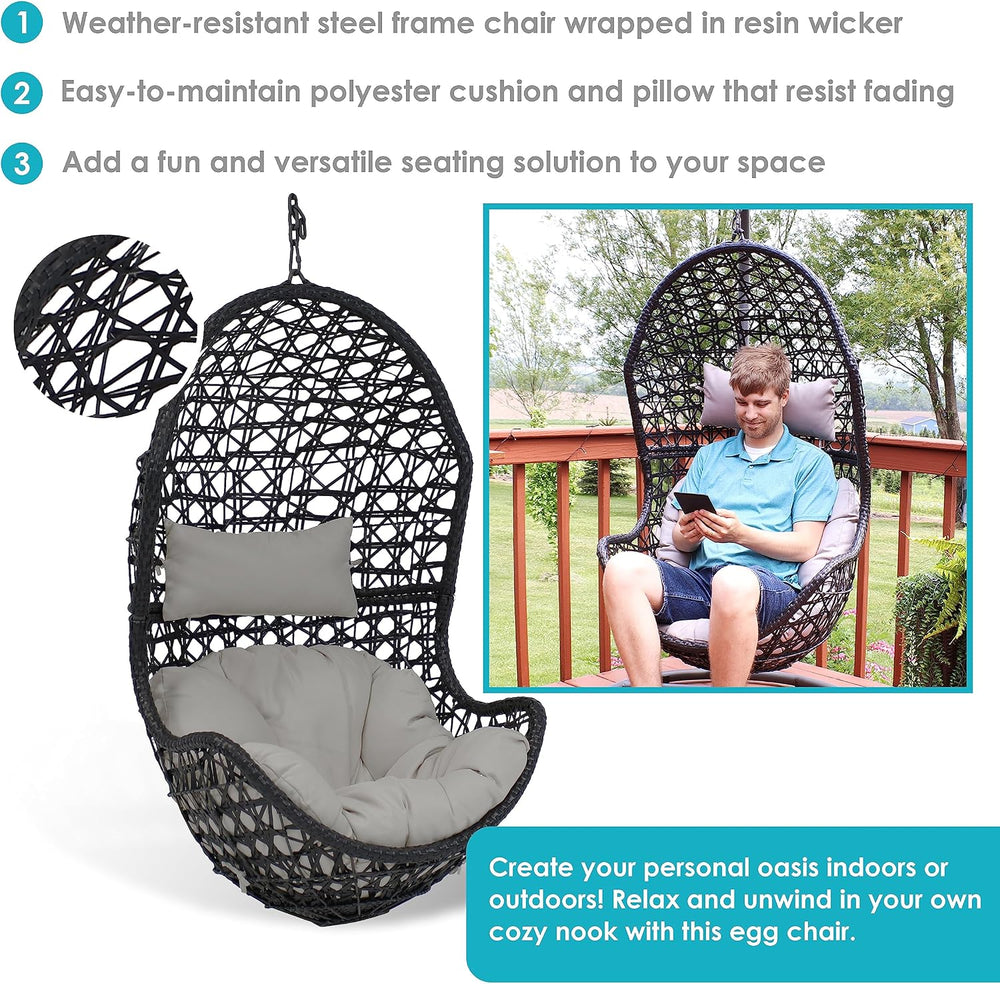 Sunnydaze Cordelia Egg Chair with Cushions -Resin Wicker Hanging Chair with 2...