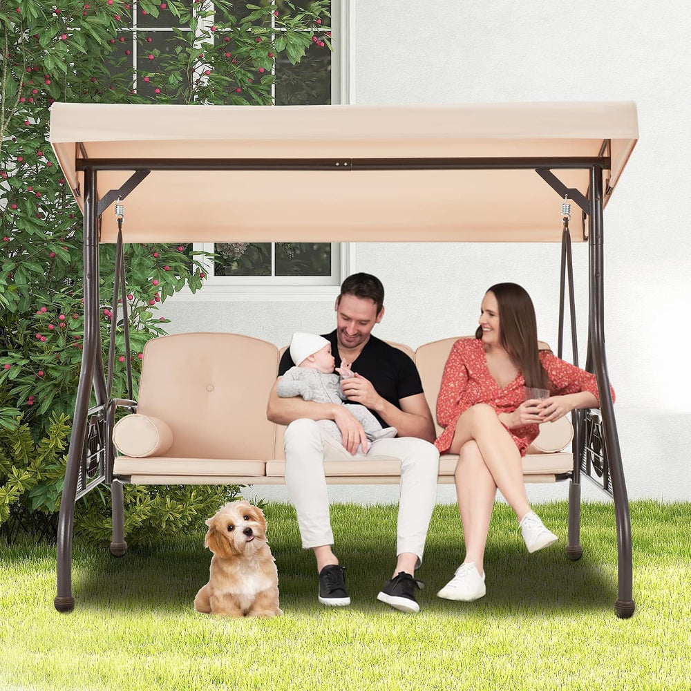 3-Seat Porch Swing with Adjustable Canopy, Patio Swing with Stand