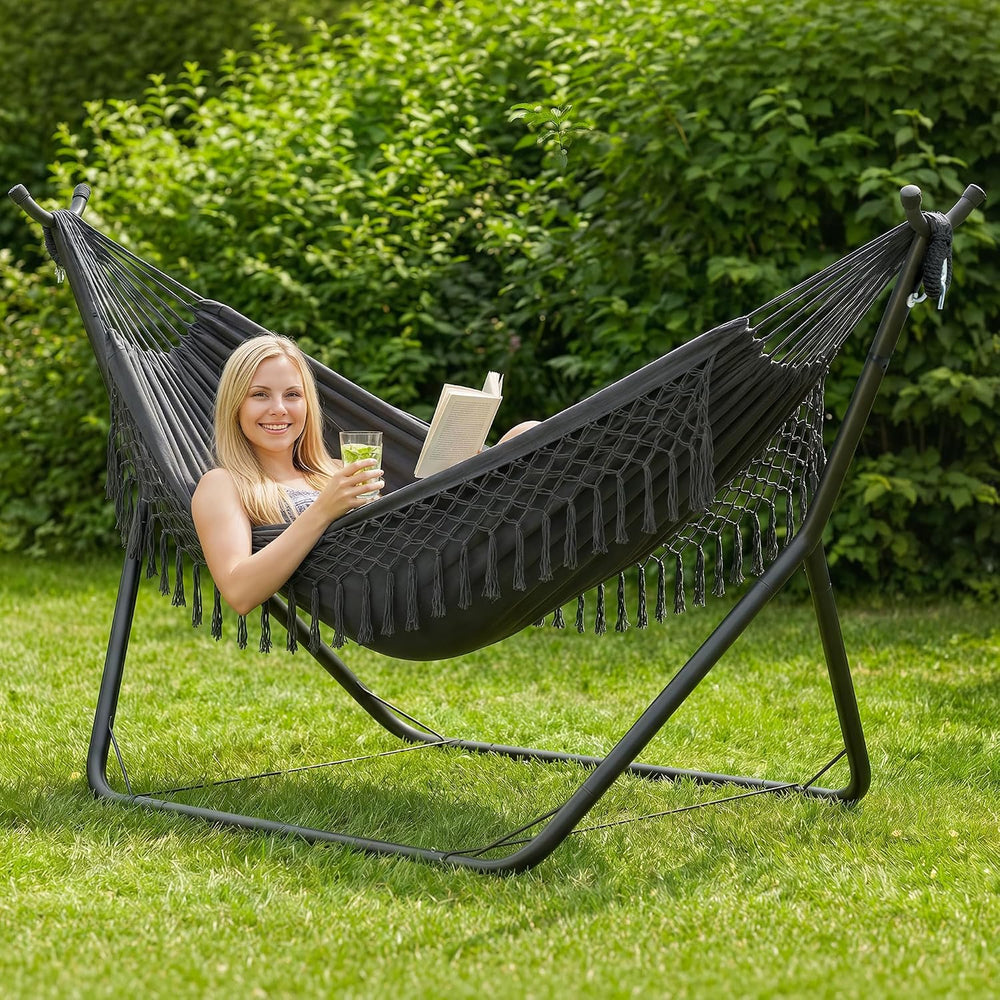ANOW Double Space Saving Hammock with Stand, Dark Gray with Tassels